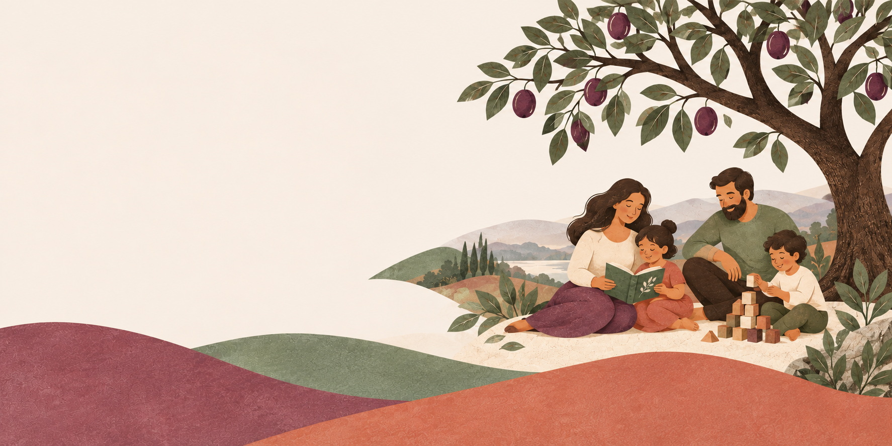 A gouache illustration of a family reading and playing beneath a plum tree, nestled among colorful paper hills